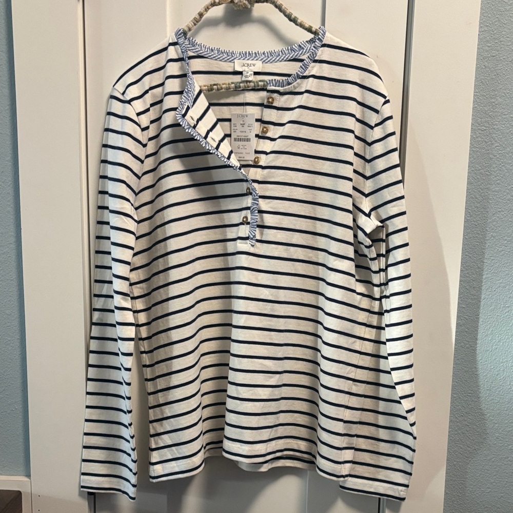 J. Crew White and Navy Striped Long Sleeve Henley